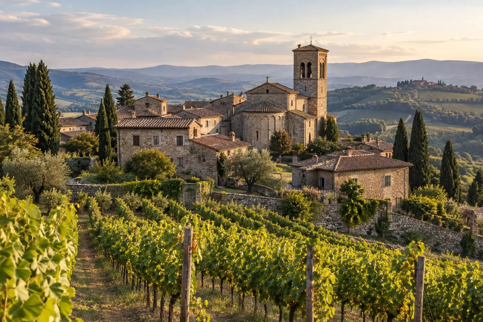 Piccolo borgo in pietra con campanile tra i vigneti del Chianti